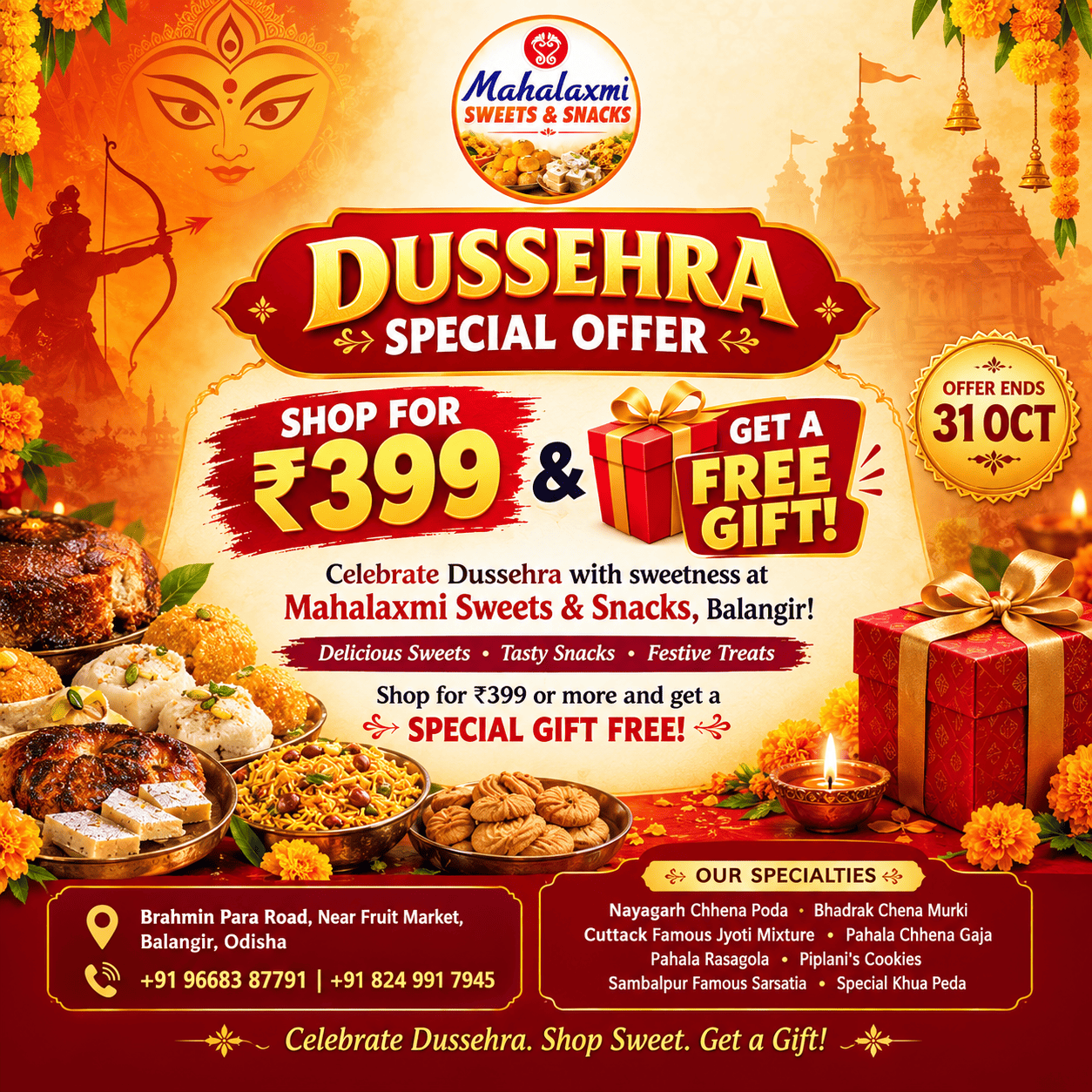 SHOP FOR ₹399 and GET A FREE GIFT! - Mahalaxmi Sweets & Snacks in Balangir